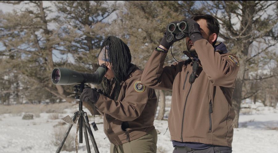 Taylor at a spotting scope in the snow while a colleague scans with binoculars
